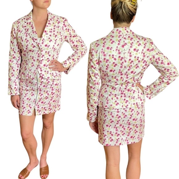 VINTAGE NICOLE MILLER 90S FLORAL COTTON NOTCH COLLAR ZIP JACKET SKIRT SUIT SET - Picture 2 of 15